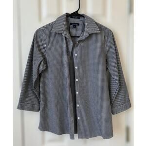 Lands' End Women's No Iron 3/4 Button Front Shirt Gingham Mini Check 4 EUC